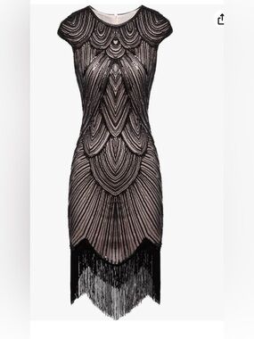 1920s Gatsby Round Neck Fitted Sequin Fringe Flapper Midi Dress